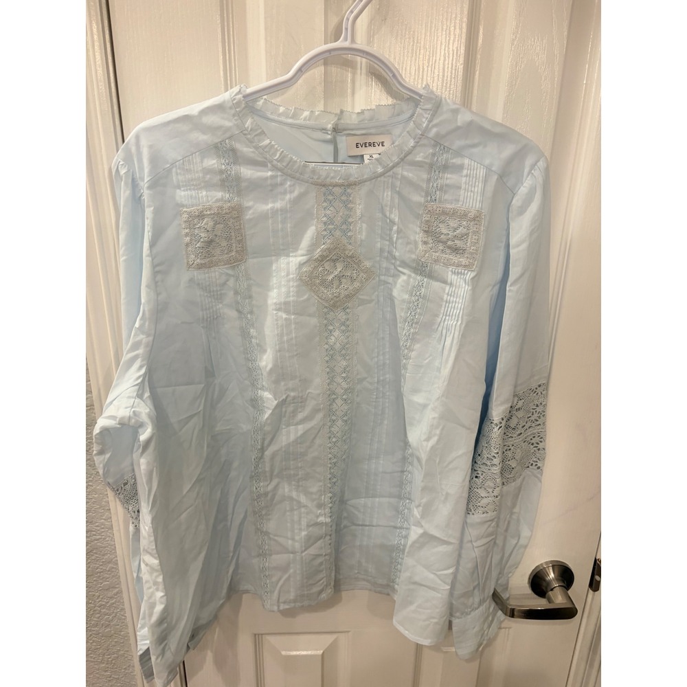 Evereve Blouse Light Blue Lace Crochet Pintuck Long Sleeve Boho Top XL